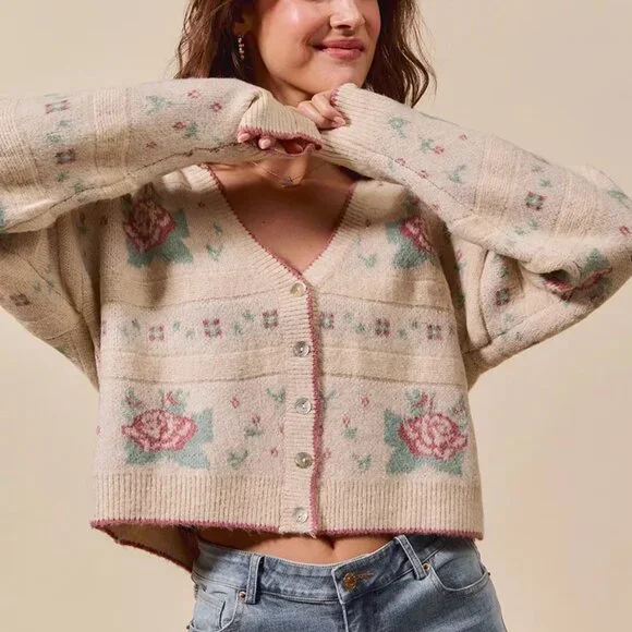 SO ME‎ Floral Pattern Long Sleeve Button Sweater Cardigan